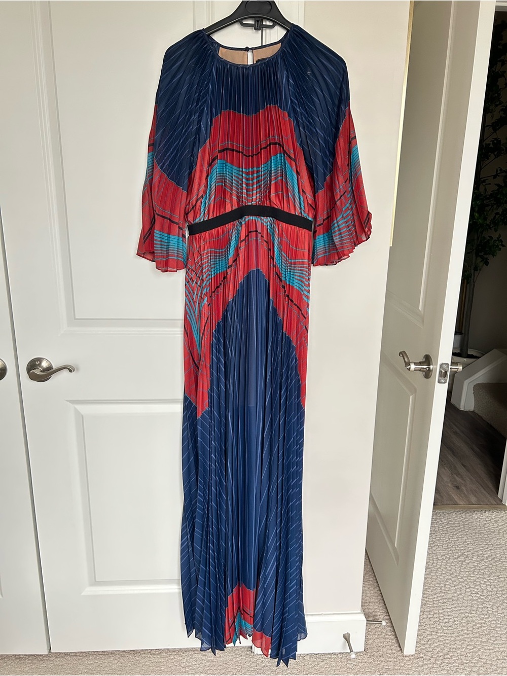 BCBGMaxAzria Navy, Dark Red and Teal Pleated Maxi Dress